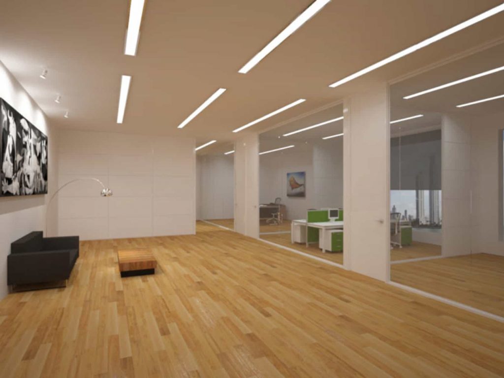 MAMPARA M-ESPACIO VILU-OFIS PARA DISTRIBUCION DE OFICINAS, PERFILERIA TODA EN COLOR BLANCO CON CRISTAL TRANSPARENTE LAMINAR 6+6 ATESTA CON UNA H DE METRAQUILATO, PUERTAS CIEGAS DE SUELO A TECHO EN COLOR BLANCO, TECHO DE ESCAYOLA Y SUELO DE TARIMA IMITACION A MADERA MUY RESISTENTE.