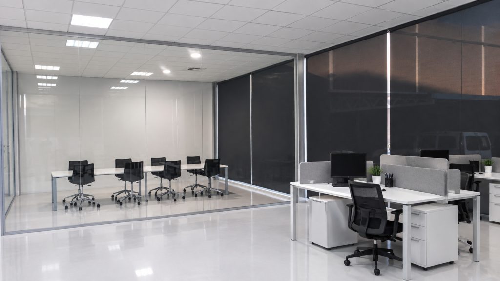 Oficina moderna flexible dividida por mamparas de cristal