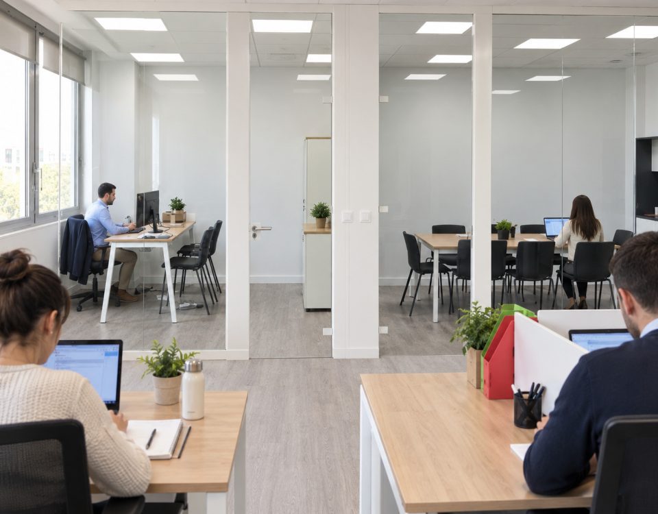 Oficina moderna flexible hecha con mamparas