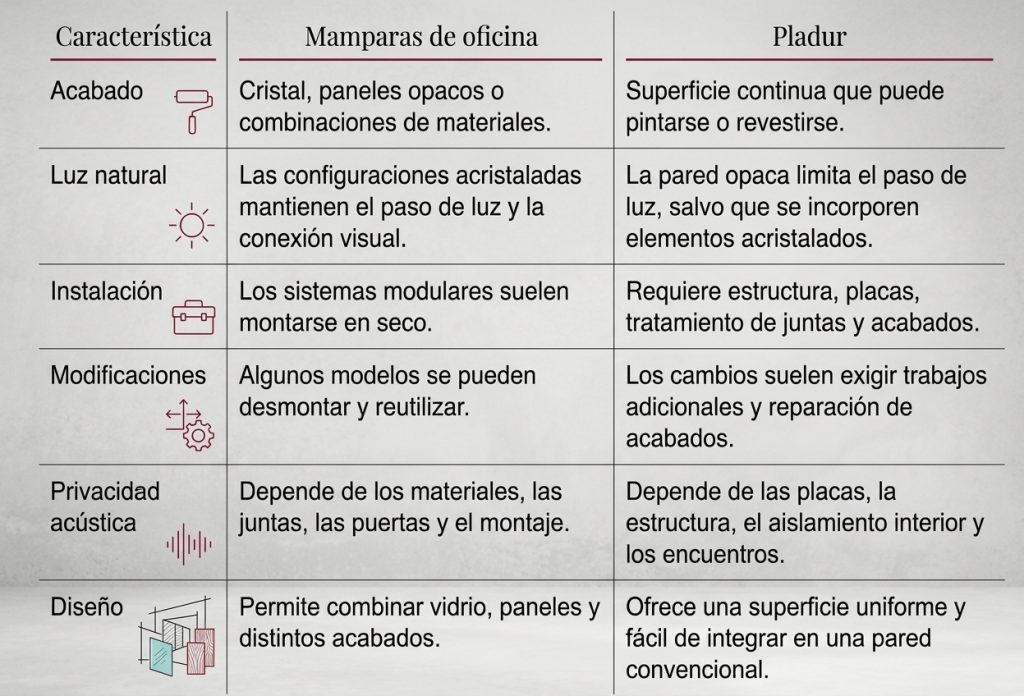 Tabla comparativa sobr eusar mampasras o pladur para dividir oficina sin obras